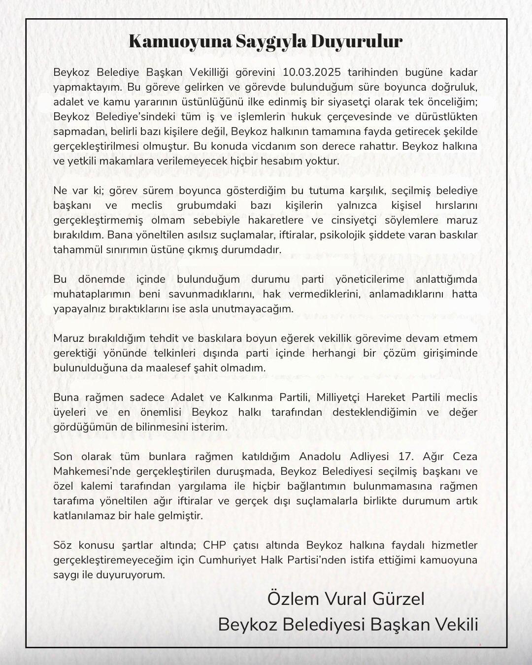 Beykoz Özlem Vural Gürzel'in belediye başkan yardımcısı CHP'den istifa etti: